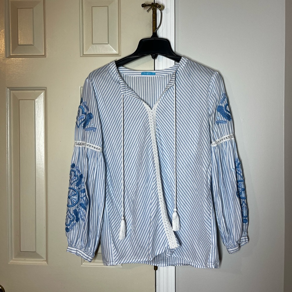 J. McLaughlin Blue and White Striped Blouse with Embroidered Sleeves